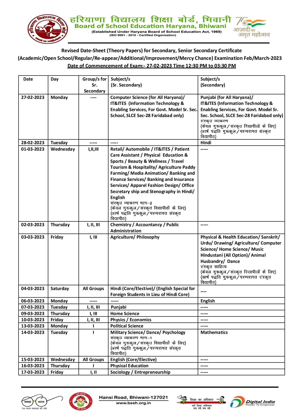 HBSE 10th & 12th Date Sheet 2023